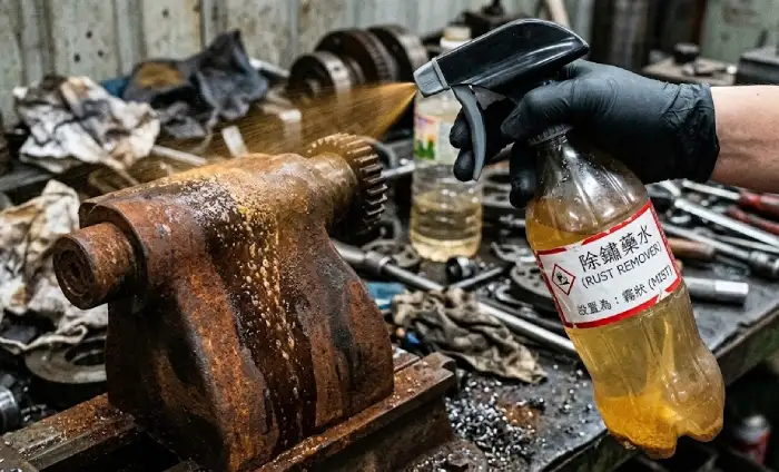 28牙耐酸鹼噴頭鎖上市售寶特瓶，裝入除鏽藥水的實際應用示範