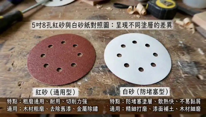 5吋8孔紅砂與白砂紙對照圖，呈現不同塗層的差異