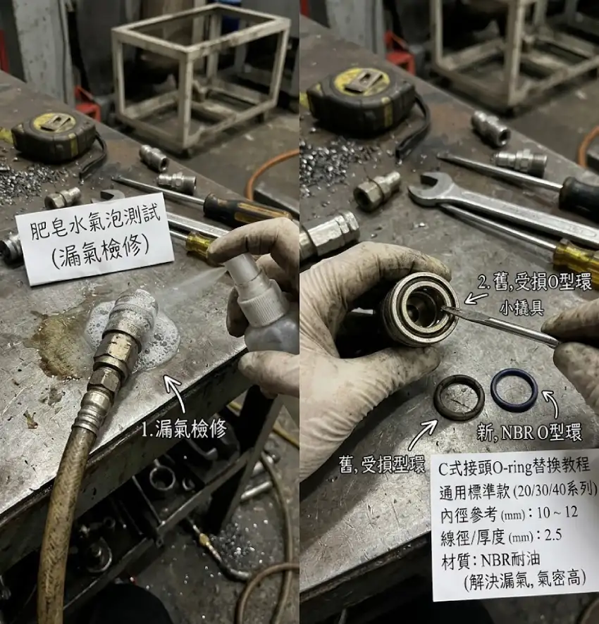 C式快速接頭O型環替換教學與漏氣檢修