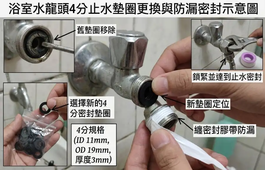 浴室水龍頭4分止水墊圈更換與防漏密封示意圖