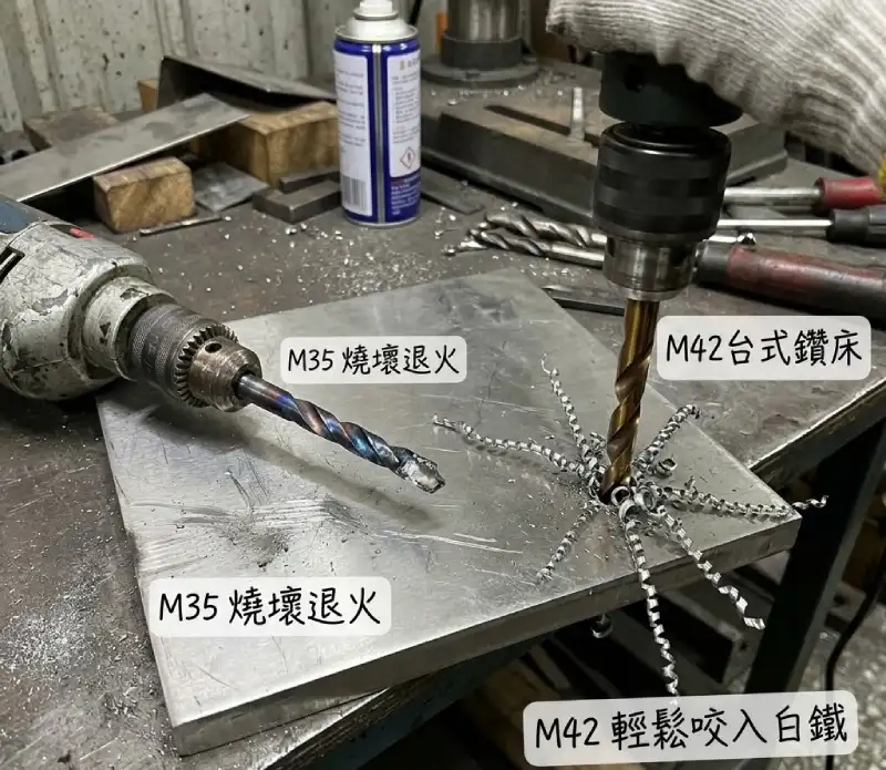 M42含鈷鑽頭與M35麻花鑽頭鑽穿白鐵不鏽鋼實測