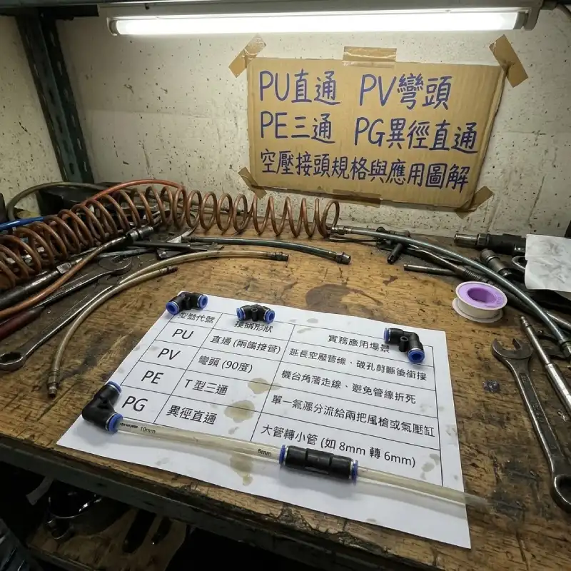 PU直通 PV彎頭 PE三通 空壓接頭規格與應用圖解