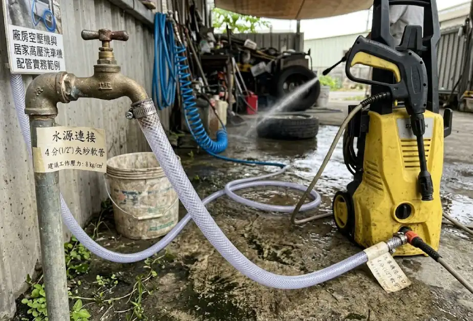 透明PVC夾紗軟管連接洗車機與水龍頭的耐壓應用範例