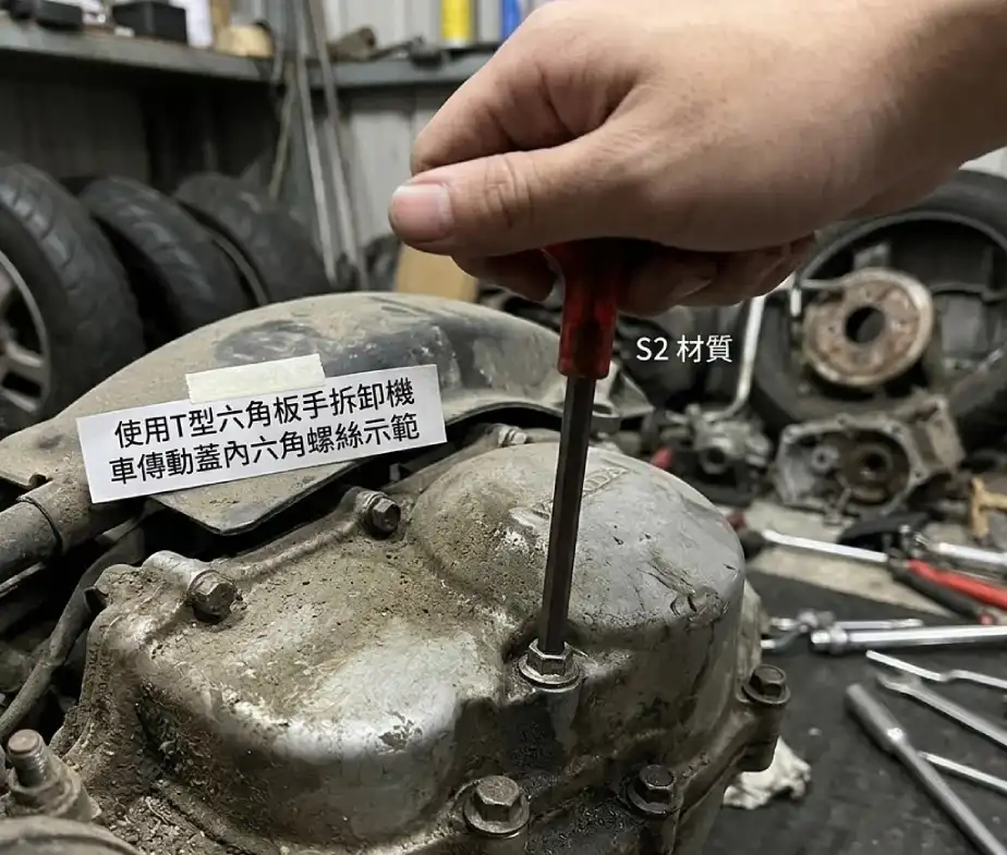 使用T型六角板手拆卸機車傳動蓋內六角螺絲示範