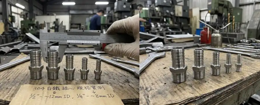 專業工廠環境下的不同尺寸不鏽鋼寶塔接頭與遊標卡尺對比