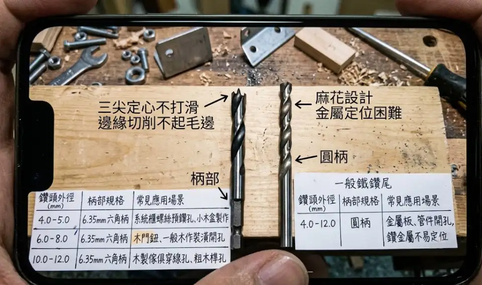 六角柄三尖木工鑽與一般鐵鑽尾的鑽頭差異比較