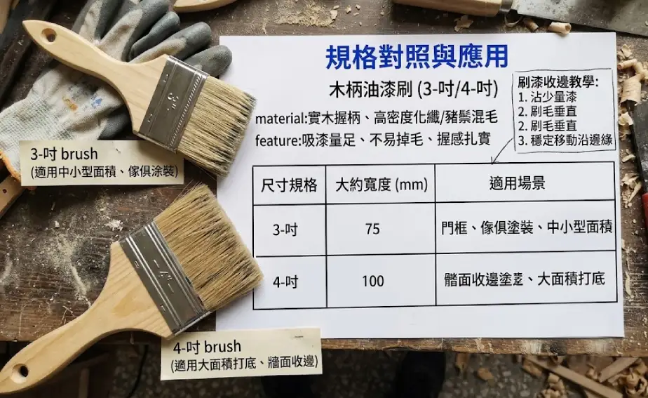 木柄油漆刷3吋與4吋規格應用與刷漆收邊教學